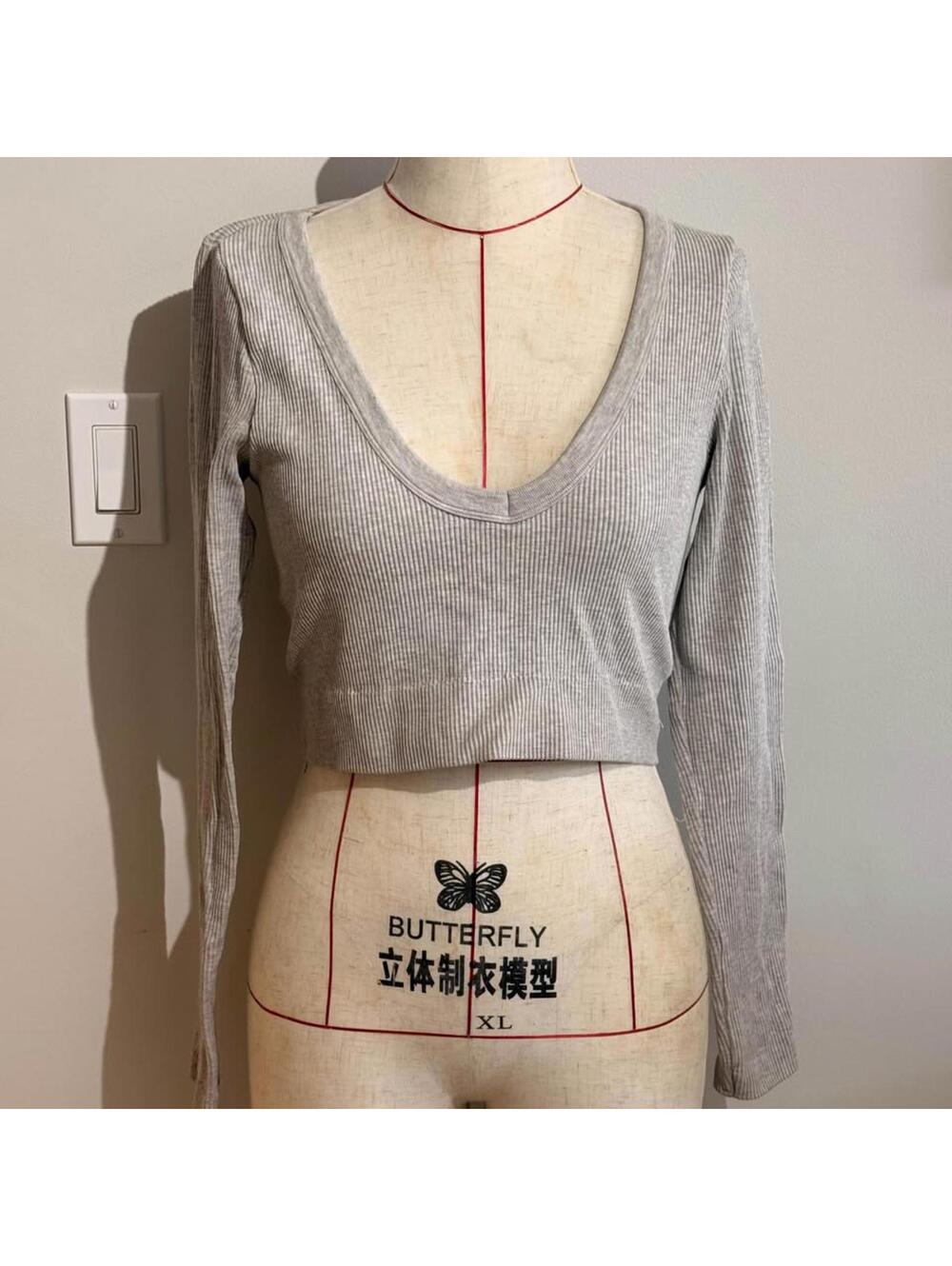 Garage Ribbed Crop Top V-neck Gray Women's L - Picture 2 of 4
